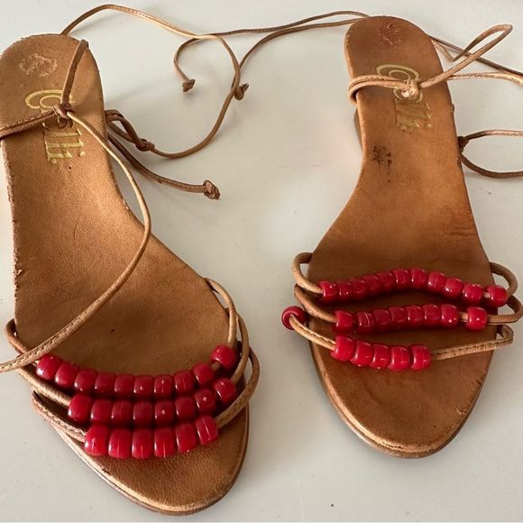 Vintage Red Beaded Leather Ankle Wrap Wedges - Picture 5 of 10